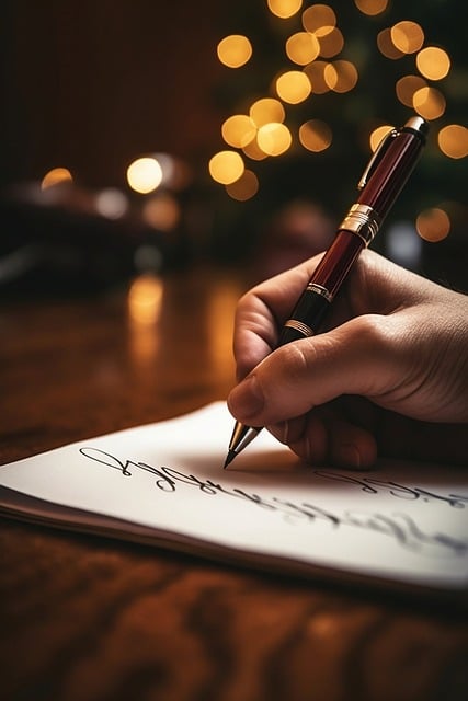 A hand holding a fancy pen and writing in script with blurred lights in the background
