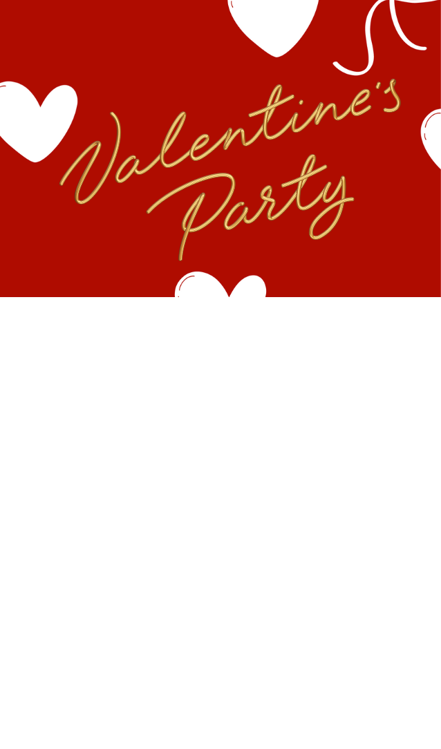 Red background with white hearts and Valentine's Party in gold letters