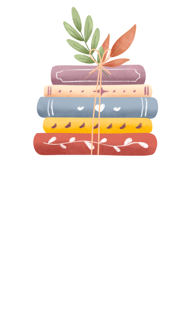 Stack of books tied up with a leaf on top
