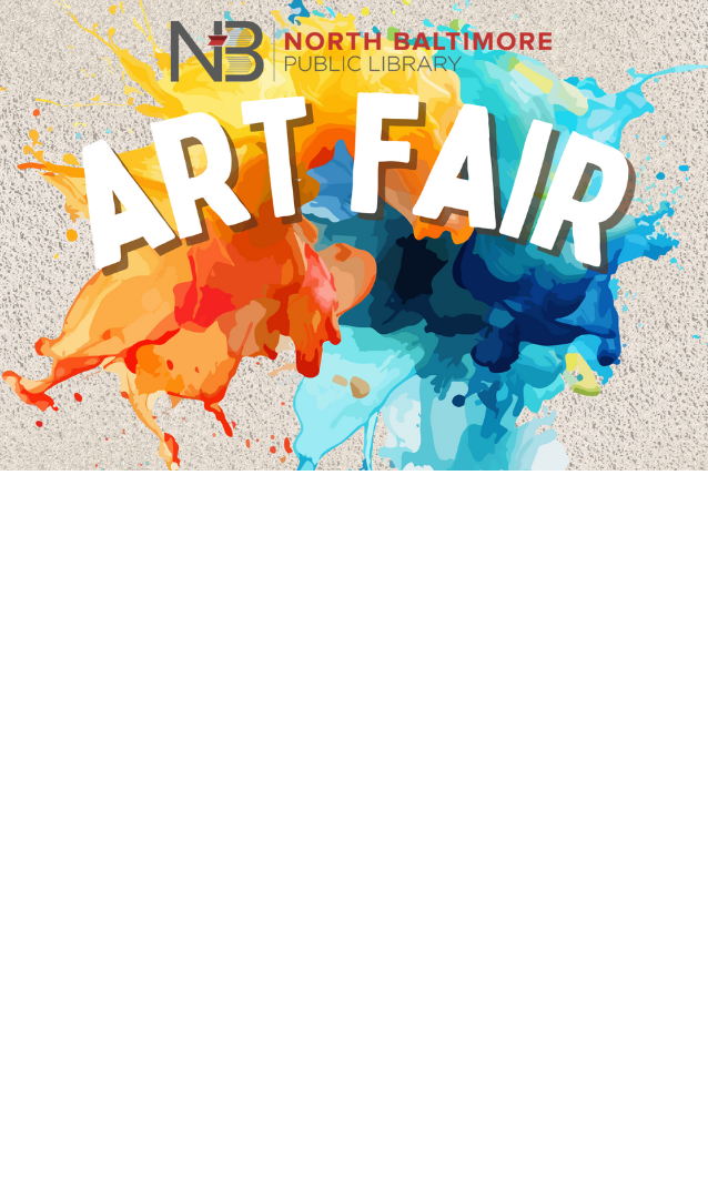 Multiple color watercolors background with NB Library Logo and words Art Fair in white under the logo