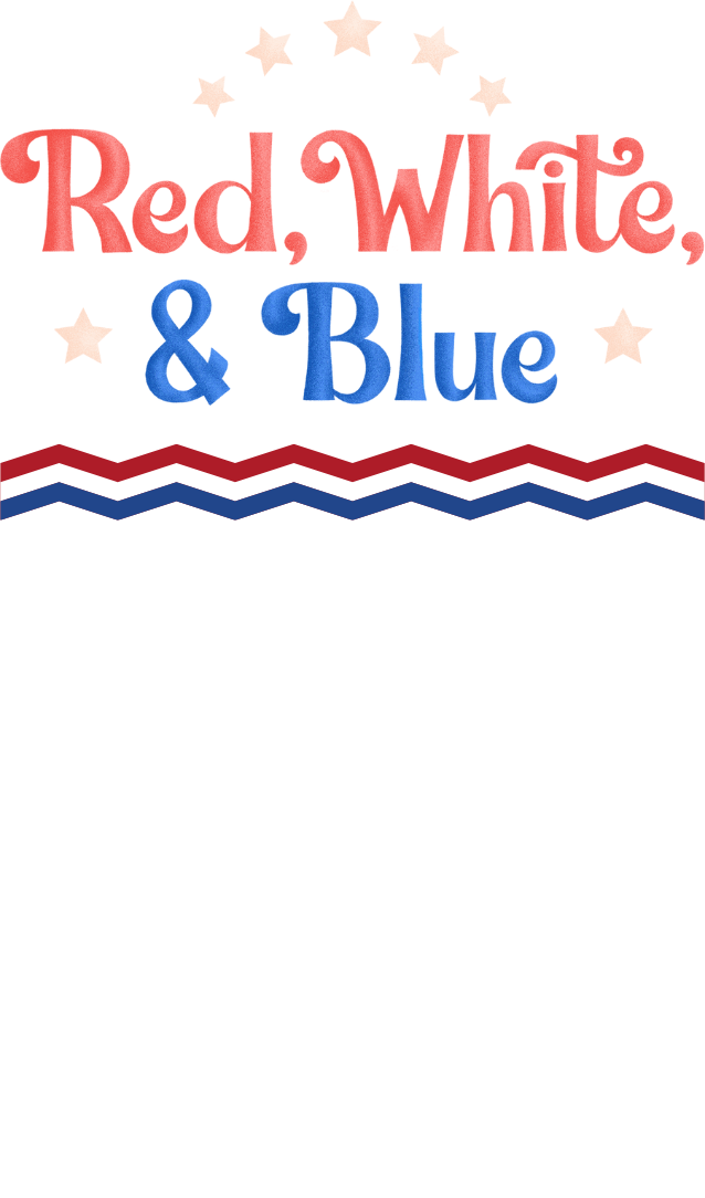 The words red, white in red and & and blue in blue with a red and blue zigzag line underneath the words