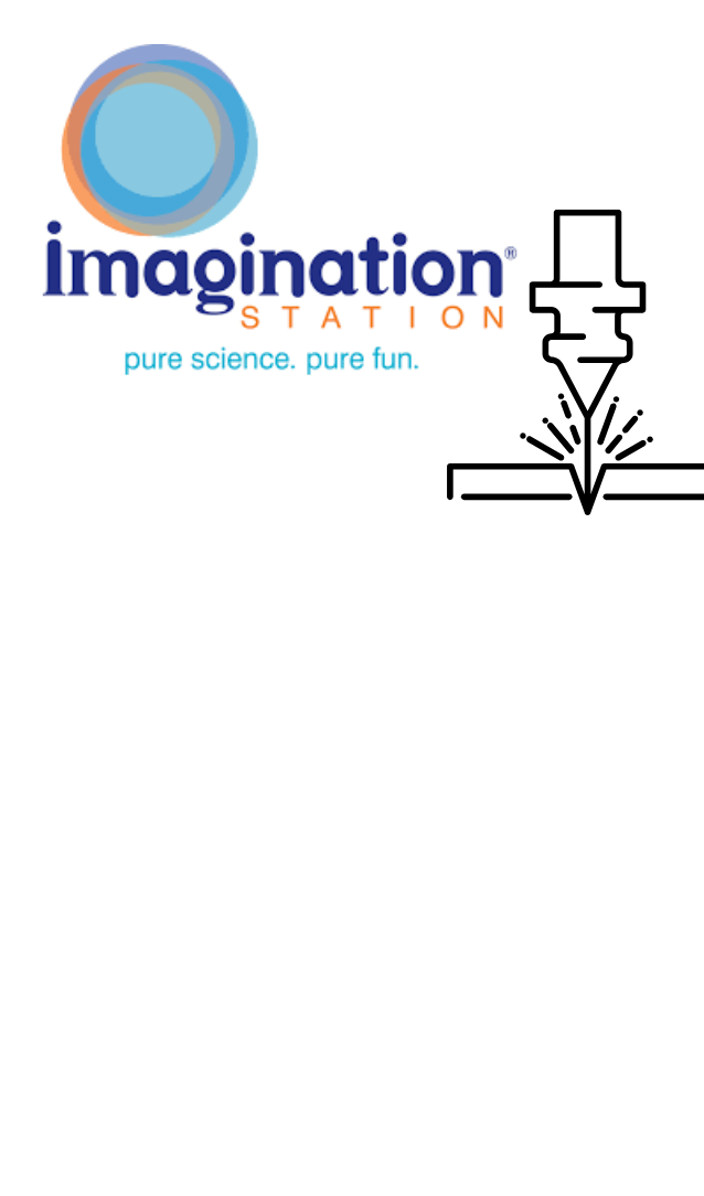 Imagination Station Logo and a laser cutting machine beside it