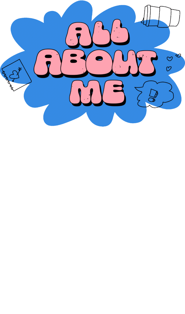 Blue splat with the bubble words All About Me in pink