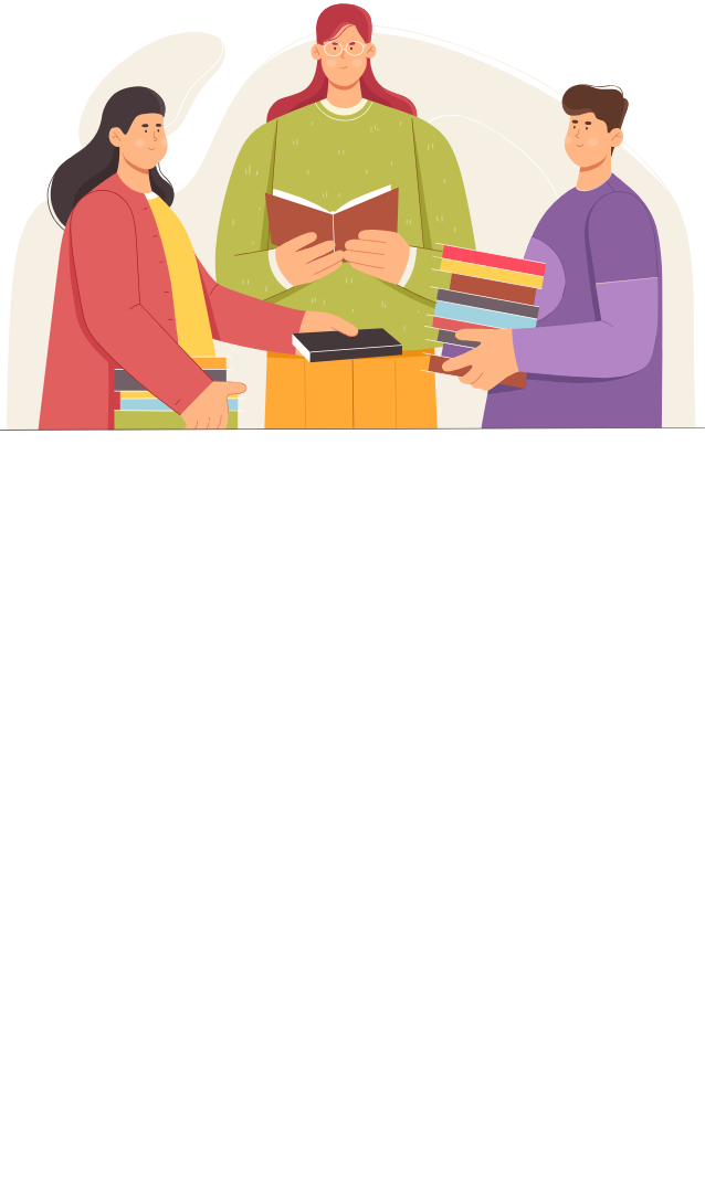 three people holding books