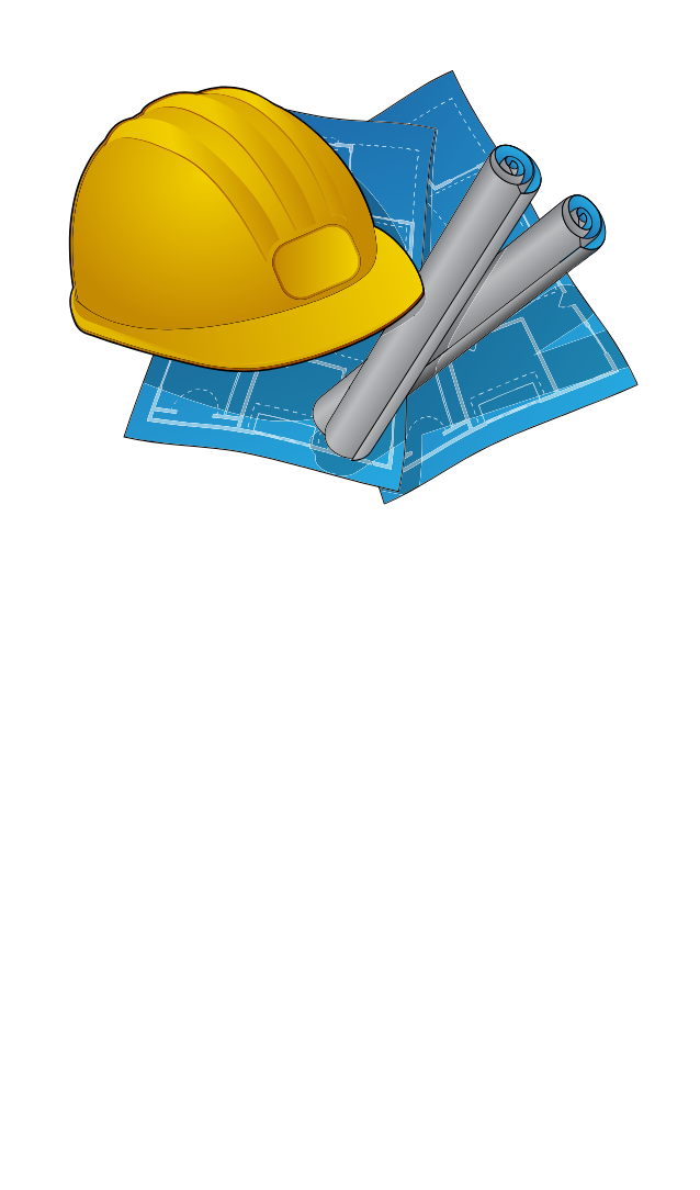 A yellow hard hat on top of open blueprints and beside 2 rolled up blueprints.