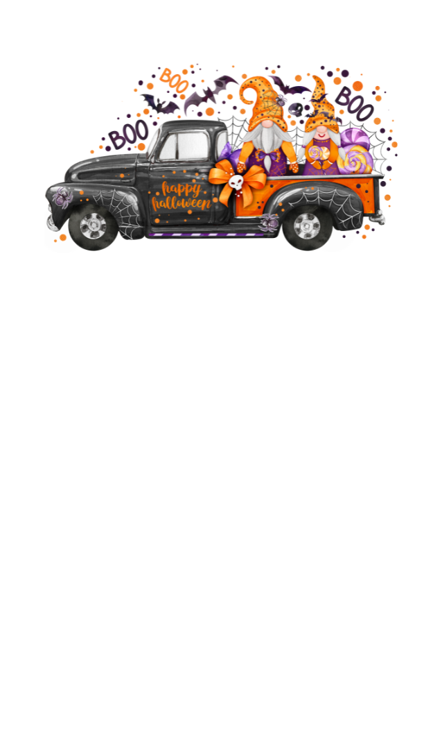 Black Pickup truck with halloween gnomes in the back.