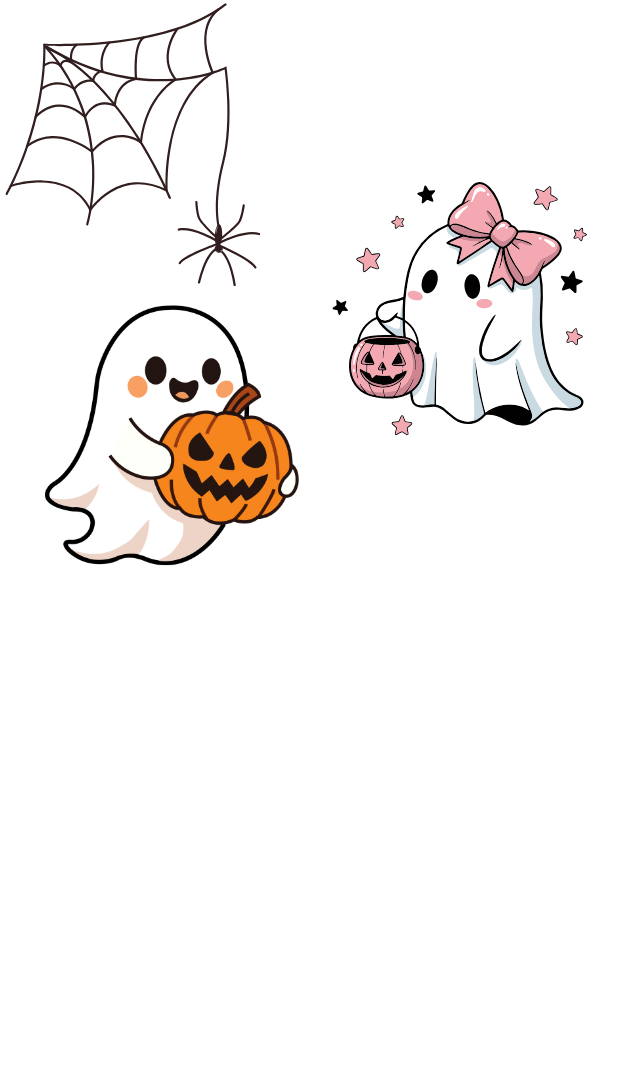 a spider web in the top left corner with a spider hanging down. Under the spider web is a cute ghost holding a jack-o-lantern and on the left side is a ghost with a pink bow holding a pink pumpkin bucket.