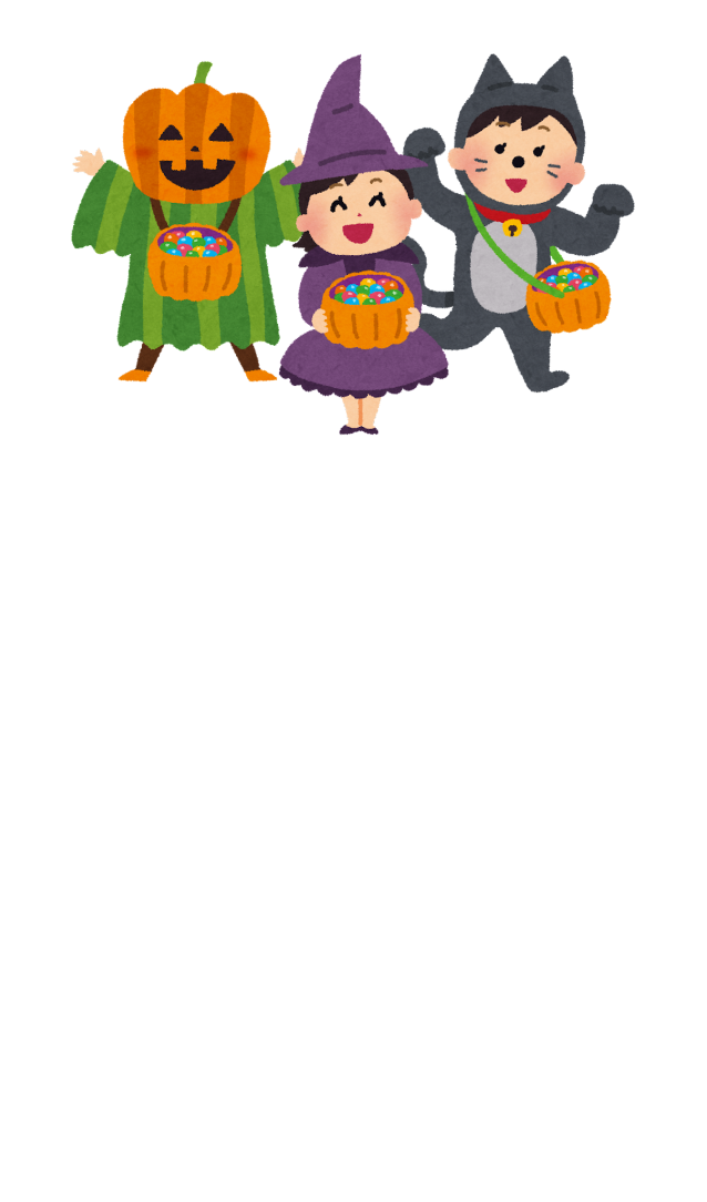 three little kids dressed in Halloween costumes carrying pumpkin buckets of candy.