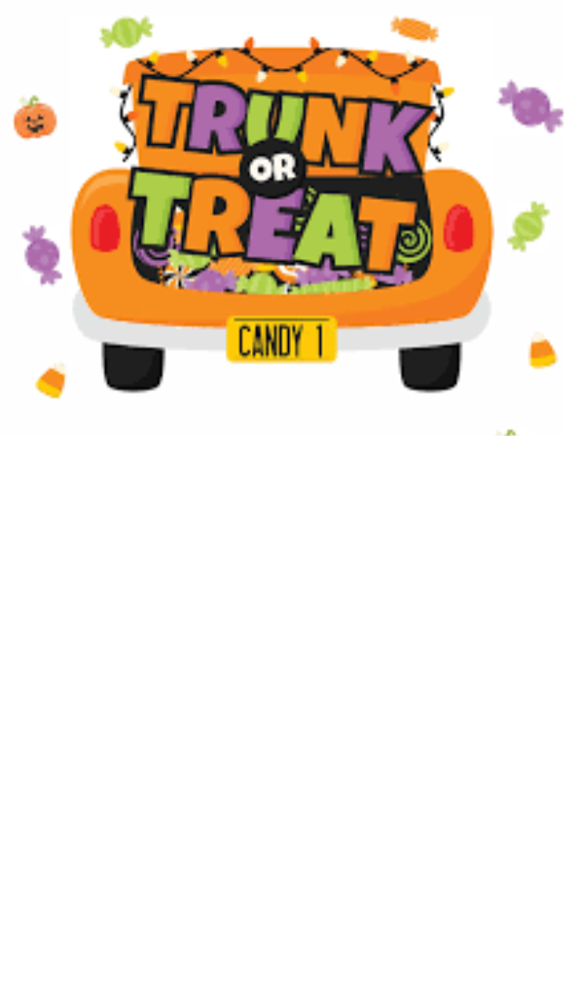 Orange car with trunk open and the words Trunk or Treat coming out of the trunk.