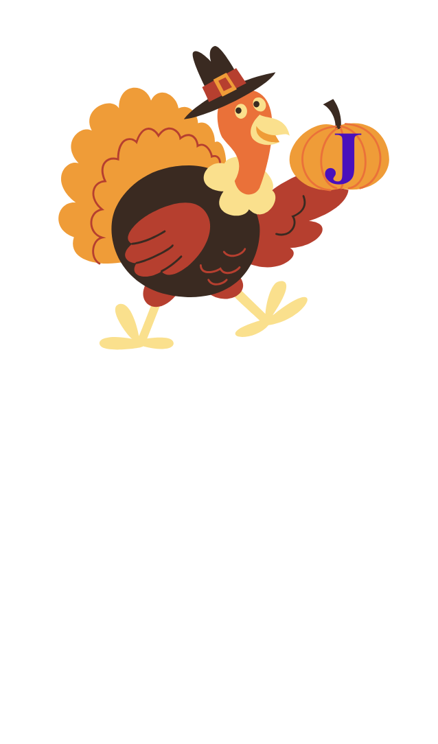 A turkey with a pilgrim hat on carrying a pumpkin with the letter J on is in blue.