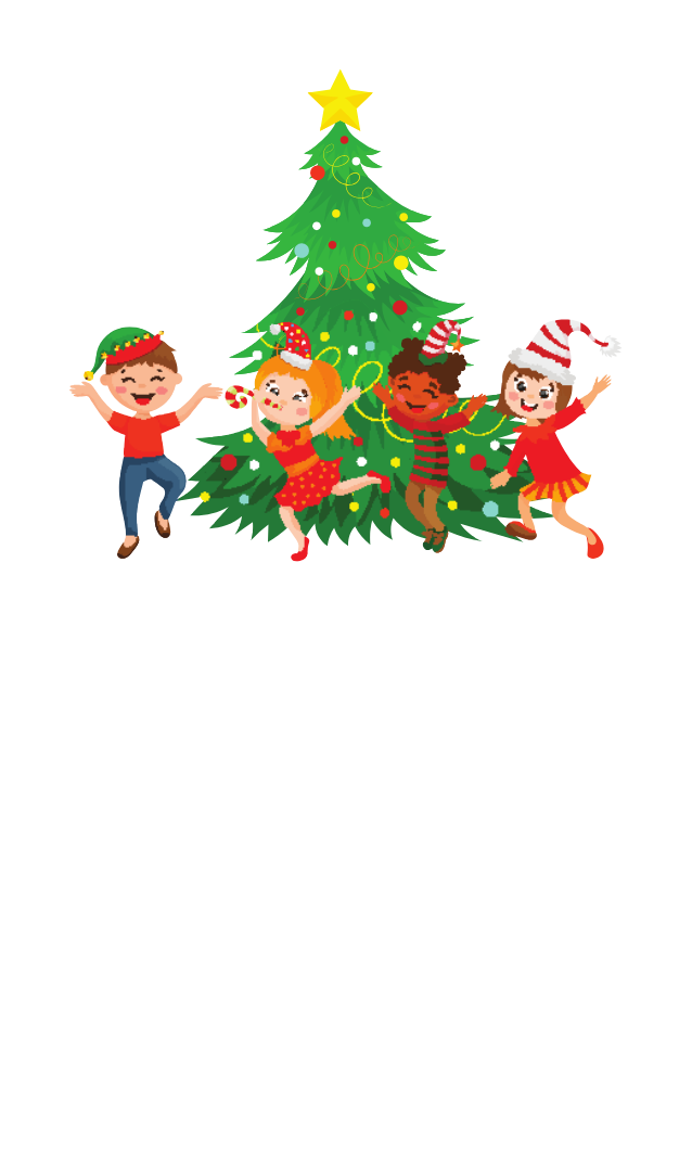 A Christmas tree with kids dancing around it.
