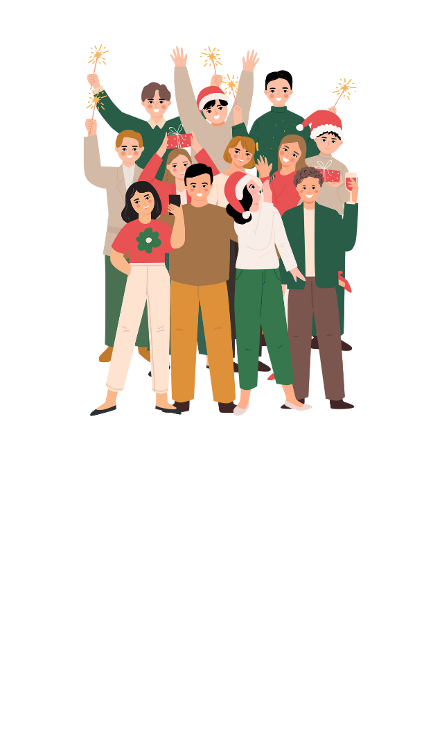 Group of teens, some with Santa hats on and festive shirts, standing together cheering.