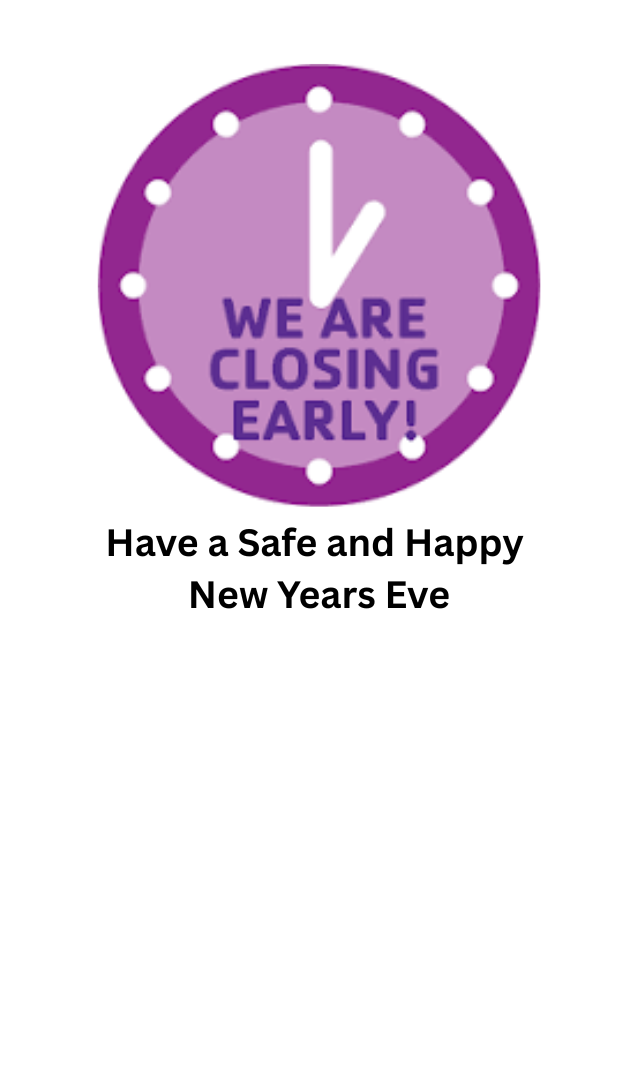 Purple clock with white hands and dots for numbers with words We Are Closing Early! in blue