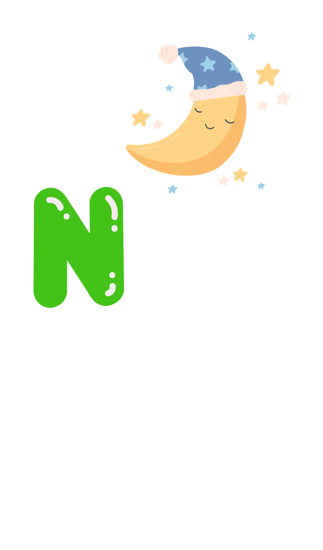 A cresent moom with a sleep cap on surounded by stars and the green letter N.