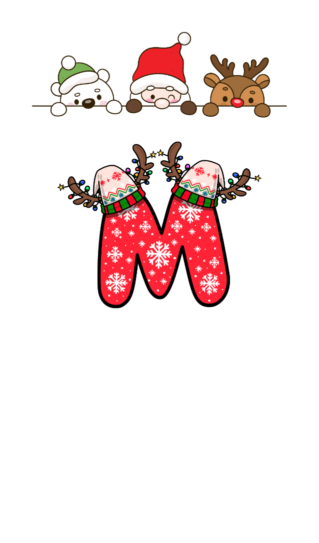 Polar bear, Santa, and reindeer looking over a ledge. Also a red M with white snowflakes and stocking cap with reindeer antlers on the points.