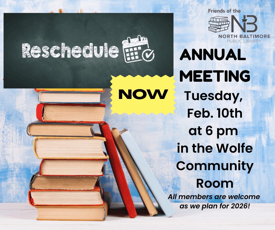 Stack of books with information about the Friends' of the Library Annual Meeting