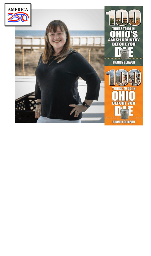 Picture of Brandy Gleason, the cover of her two books and the America 250 logo