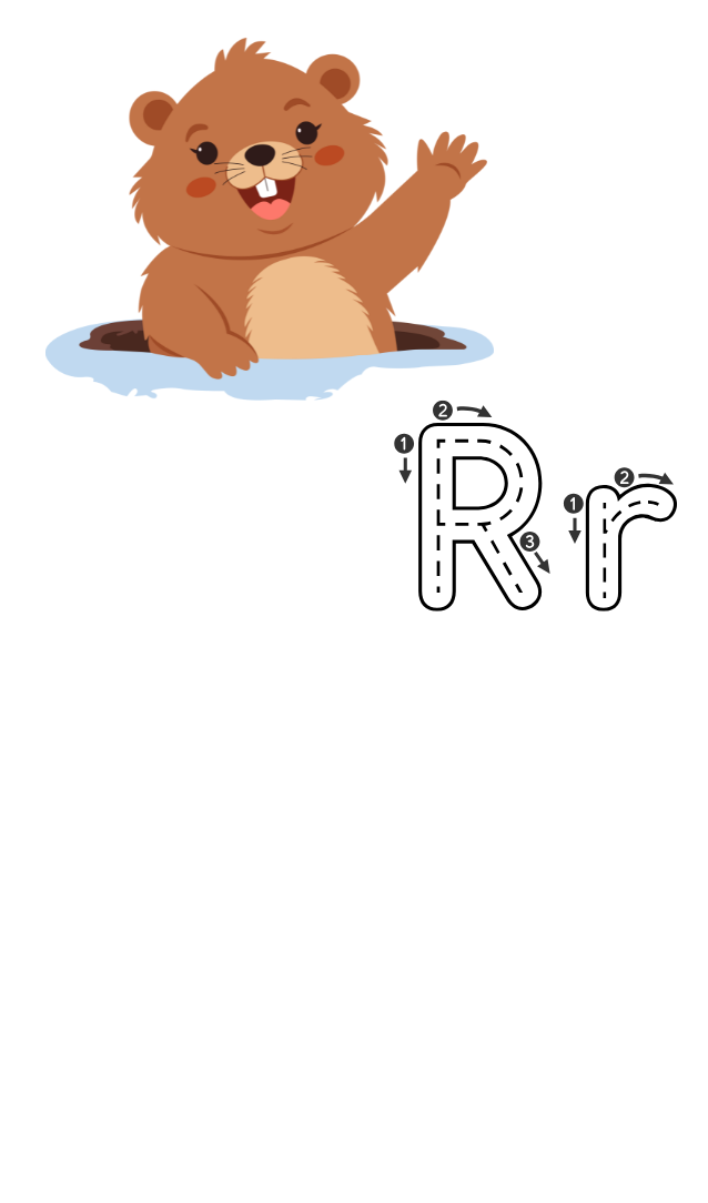 Groundhog half in hole and waving. Also a capital R and lowercase r