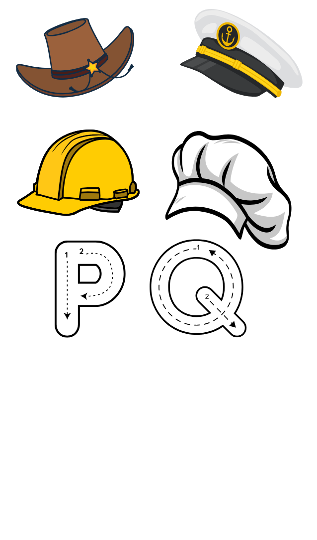 cowboy hat, captain's hat, hard hat, chef's hat and the letter P & Q