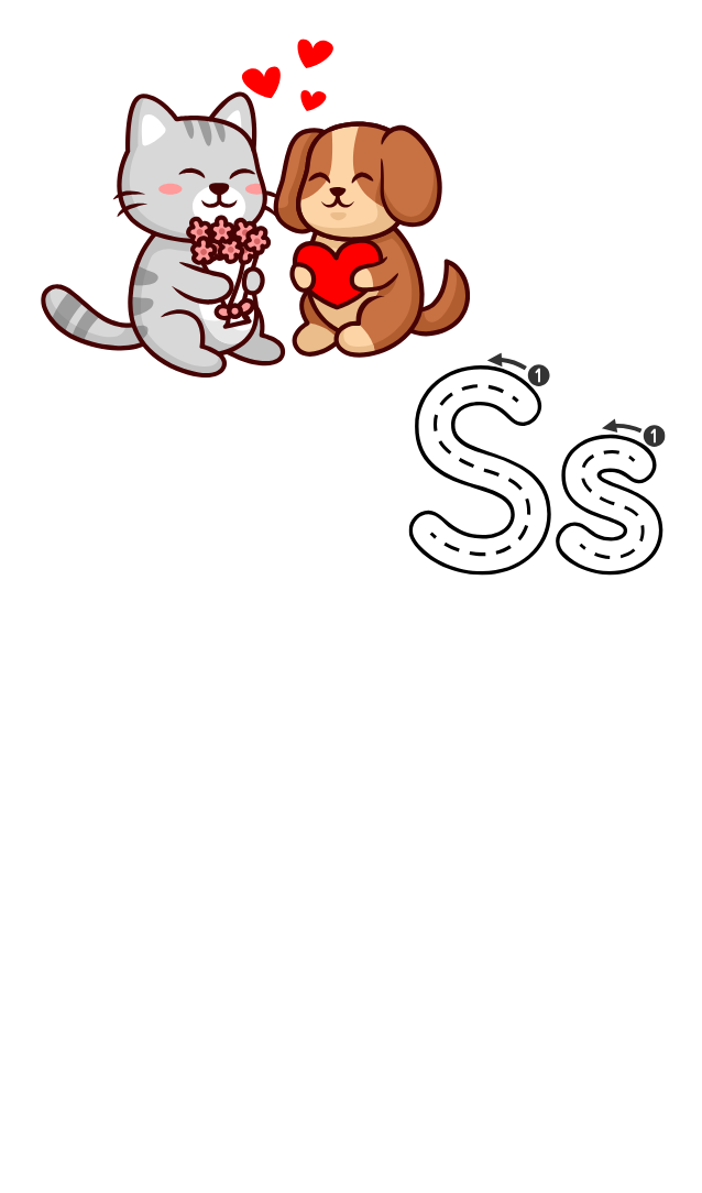 Gray cat holding flowers and a tan dog holding a red heart. A capital letter S and lower case letter s