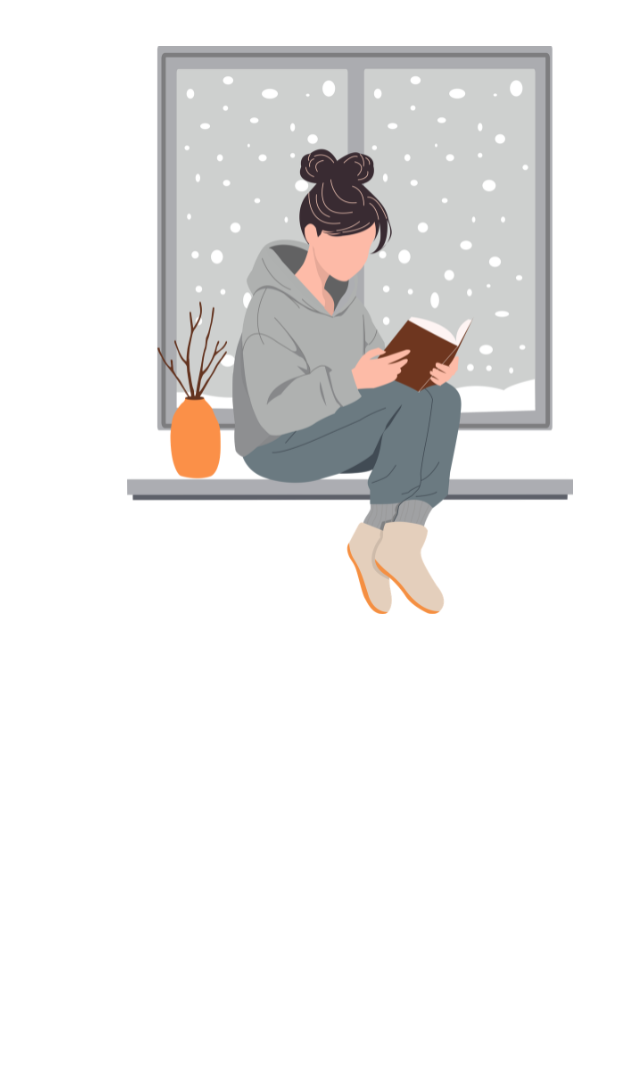 A female sitting by a window reading. It is snowing outside the window.