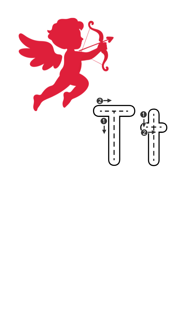 Cupid with bow and arrow silhouette in red and a capital T and lower case t