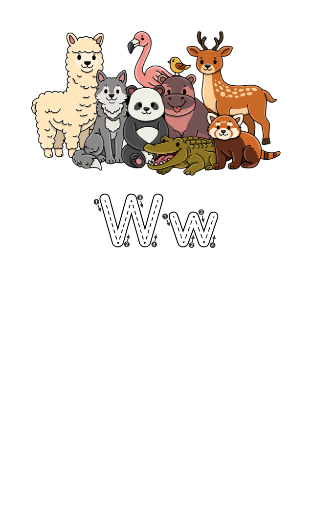 A gathering of zoo animals a capital and lower case underneath the animals