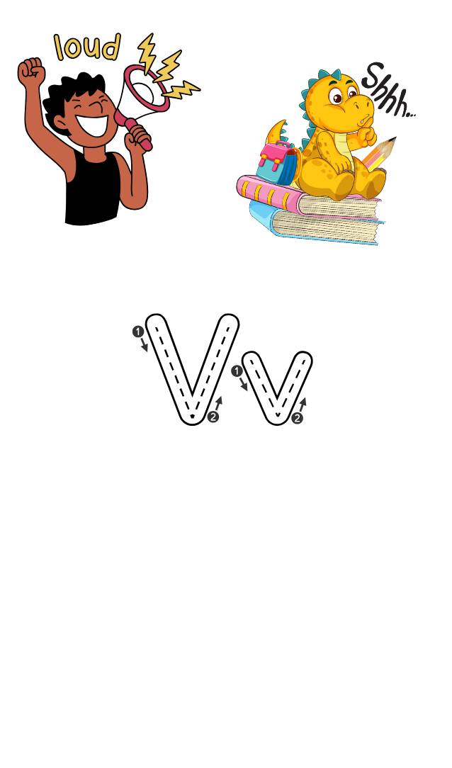 A boy using a megaphone, a yellow dino sitting on books say shh and capital and lowercase v