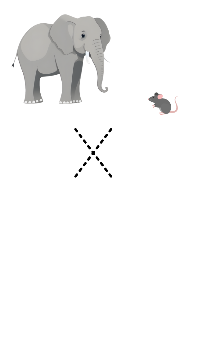An elephant and a mouse above a letter X