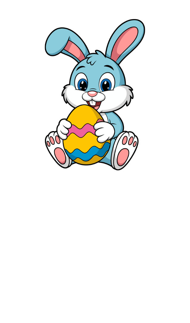 A blue Easter Bunny holding a yellow Easter egg with a pink and blue stripe