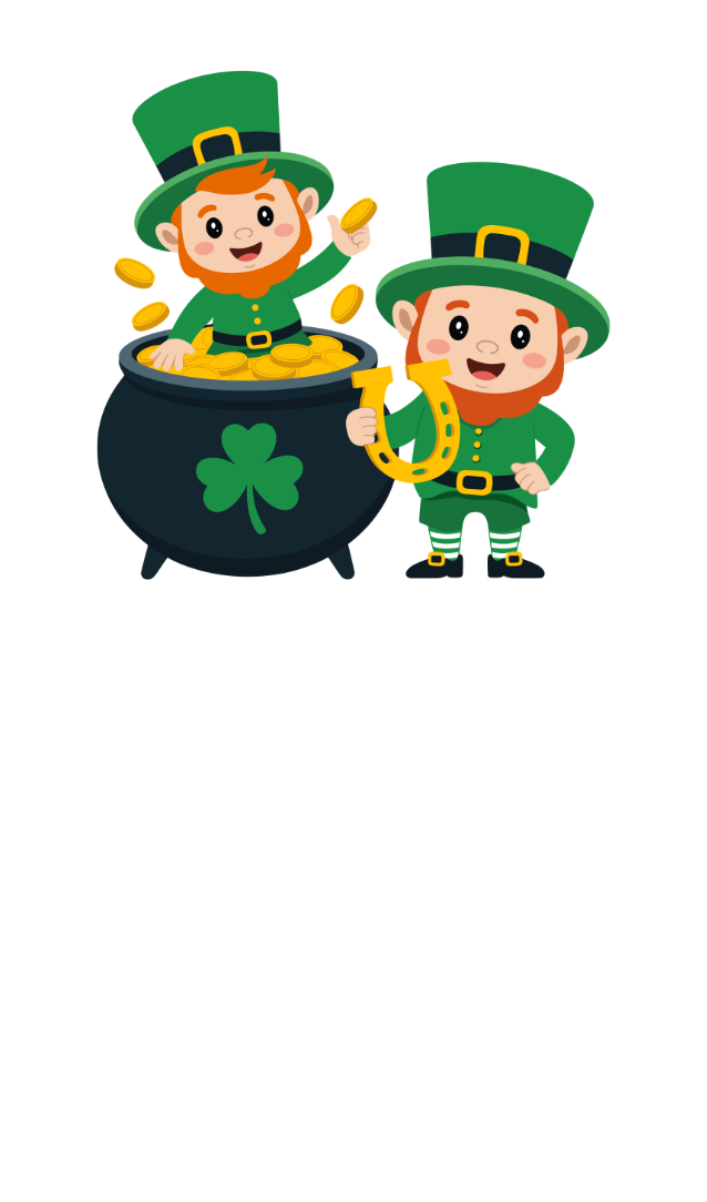 Leprechaun in a pot of gold, and a Leprechaun holding a gold horseshoe