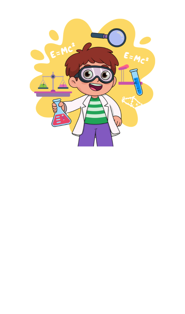a young boy scientist with a beaker in his hand. There are science graphics around him