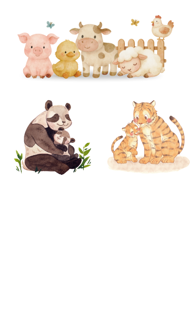 a variety of baby animals, including pig, duck, cow, lamb and chicken. Also a panda and her cub and a tiger and her cub.