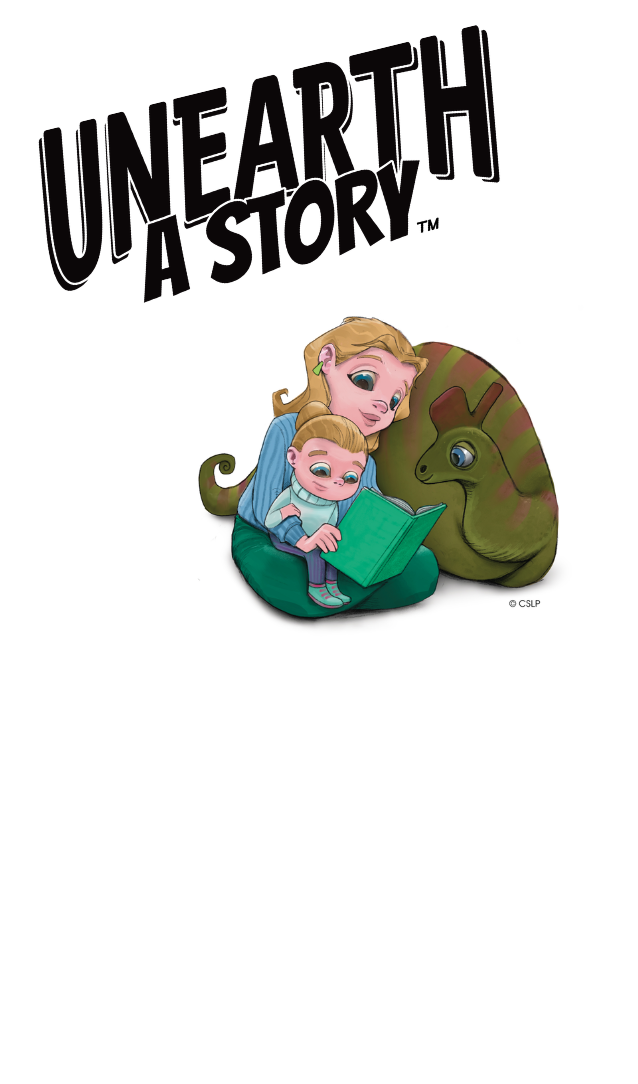 Unearth a story with a female holding a child and reading with a dino curled up beside them.