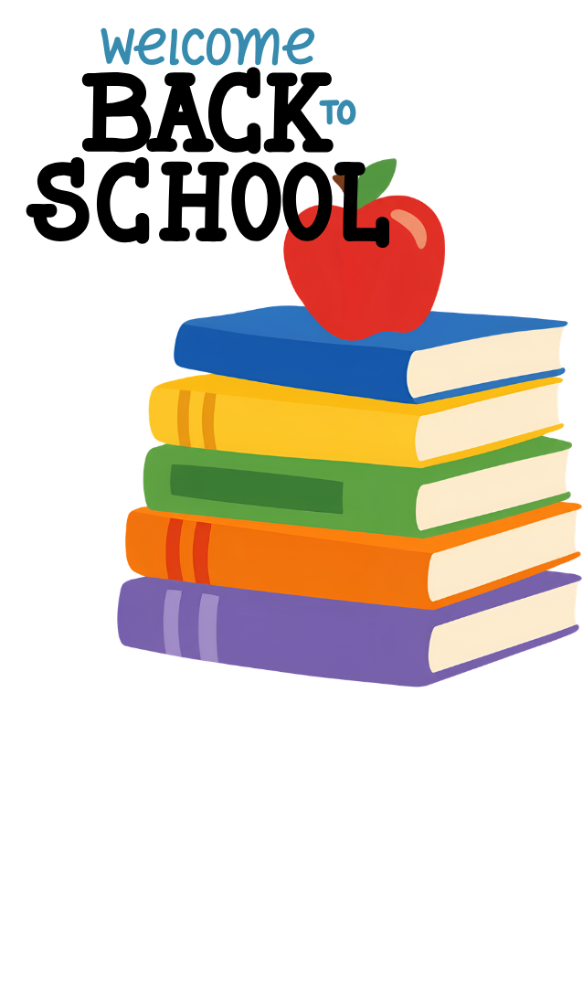 Welcome Back to School above a pile of school books with a red apple on top