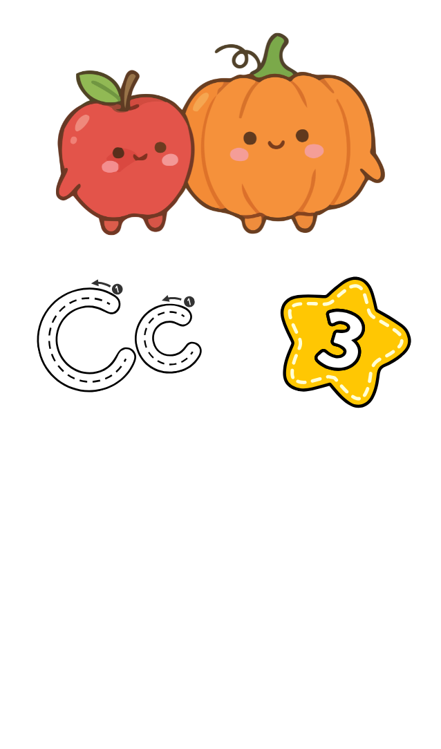 An apple and pumpkin cartoon person with the letter C and a number 3 inside a star.