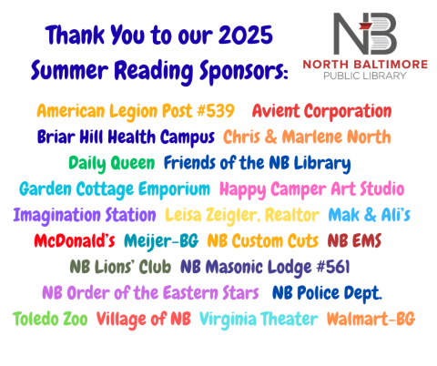 A list of all the summer reading sponsors in a variety of colors. The words thank you to our sponsors at the top and the NB Library logo