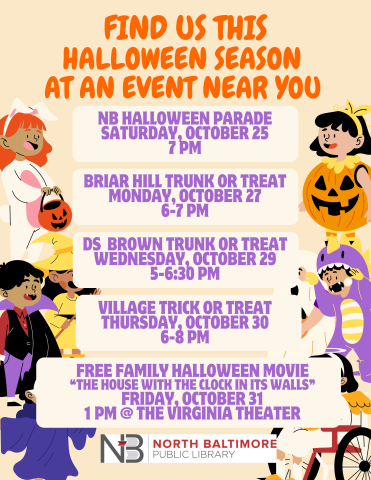 Kids in costume around the edges with a list of all the Halloween activities that the library will be at.