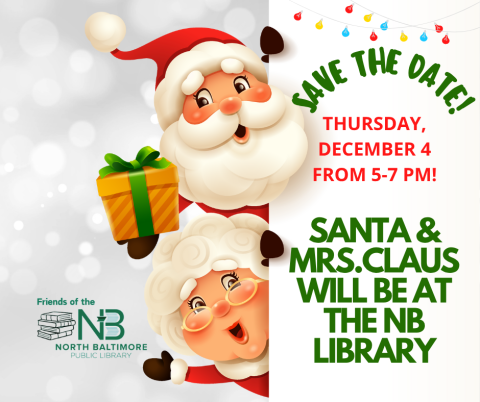 Santa & Mrs. Claus coming to the library Save the Date 12/4/25