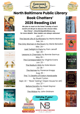 The 2026 Book Chatters Book Club list of books, pictures of the covers and meeting dates and times.