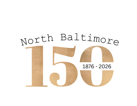 North Baltimore with a gold 150 and the years 1876 - 2026 horizontally across the 0