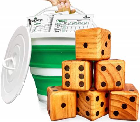 Collapible bucket with lid, wooden yard dice and score sheet.