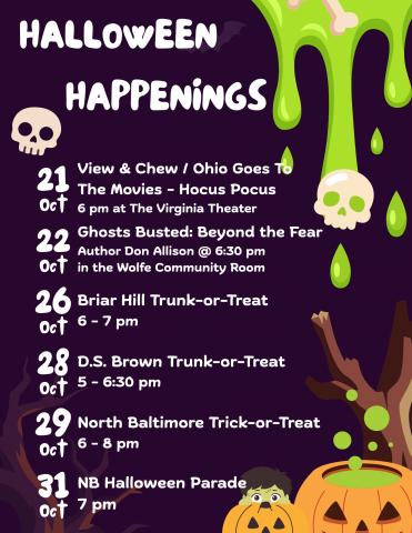 Poster showing when all the Halloween activies are going on.